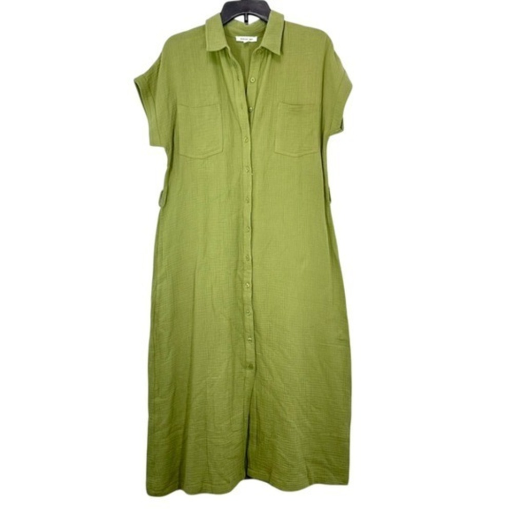 August Sky Light‎ Green 100% Brushed Cotton Short Sleeve Button Front Midi Dress